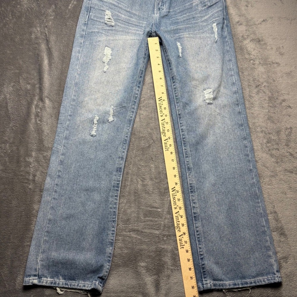 EJ Black‎ Jeans Mens 34 Light Wash Cross Embroidered Distressed Straight Leg Y2K - Picture 6 of 11